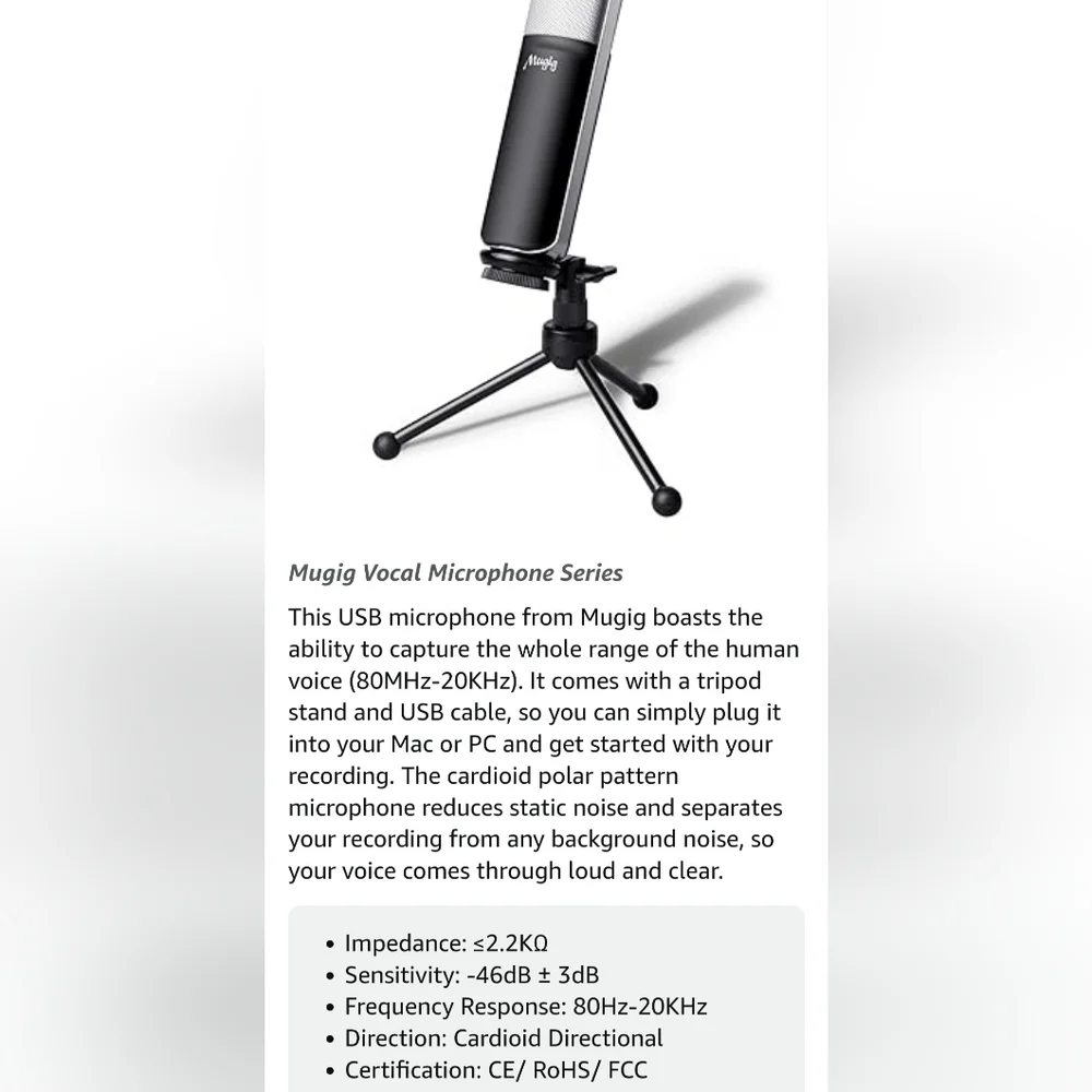 Mugig MU-1 Condenser USB Microphone for PC, Laptop w/Stand, Podcast Gaming Music